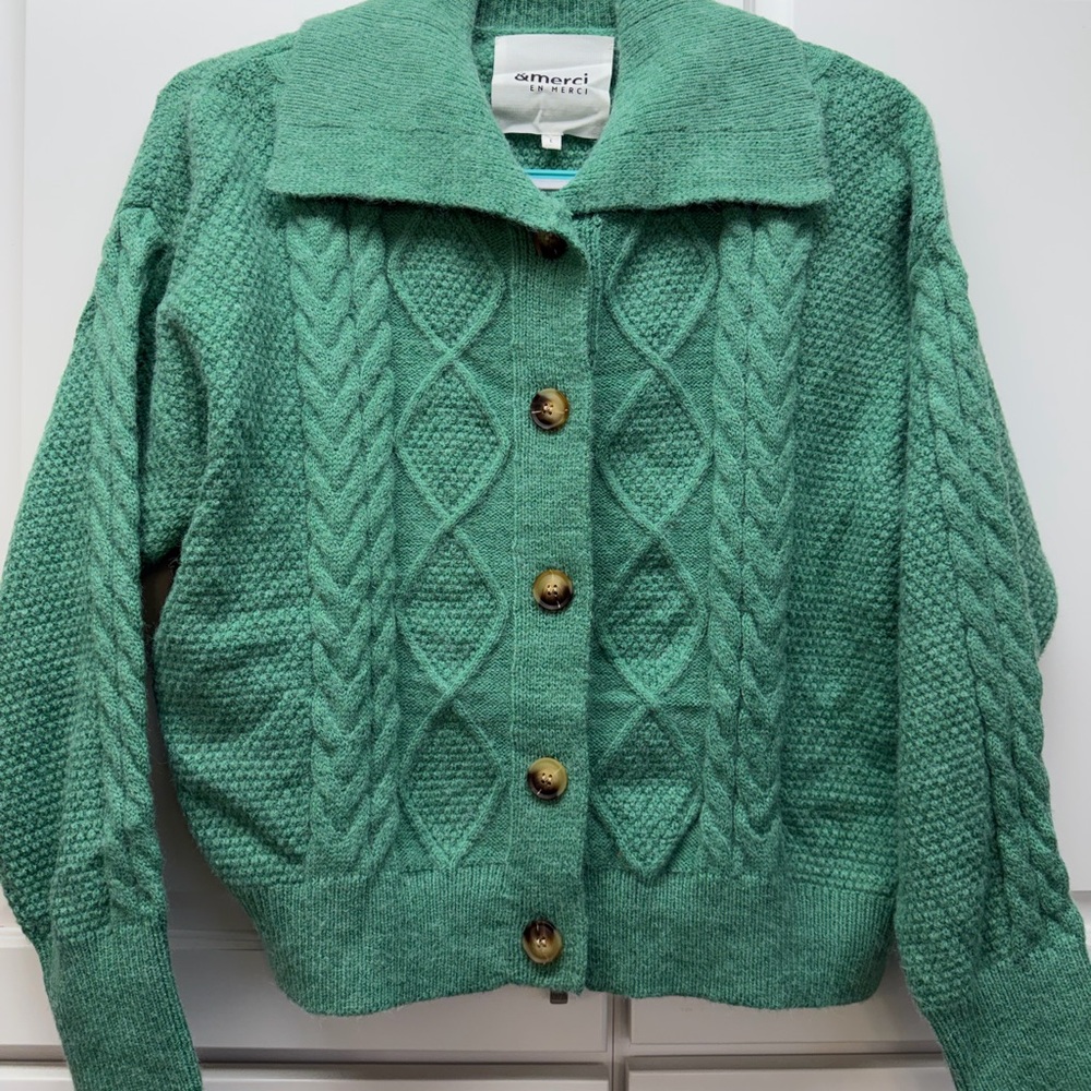 &Merci Green Button-Up Cardigan